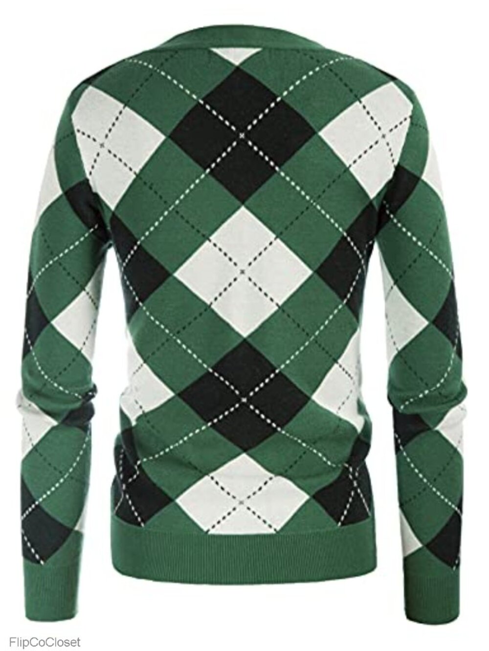 Preppy Argyle Cardigan Sweater Women V-Neck Button Down Knit - Picture 3 of 6